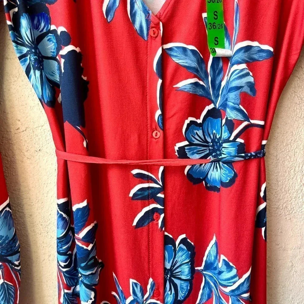 NWT Zara Midi Shirt Dress Red Blue Floral Long Sleeve Size Small - Picture 6 of 10